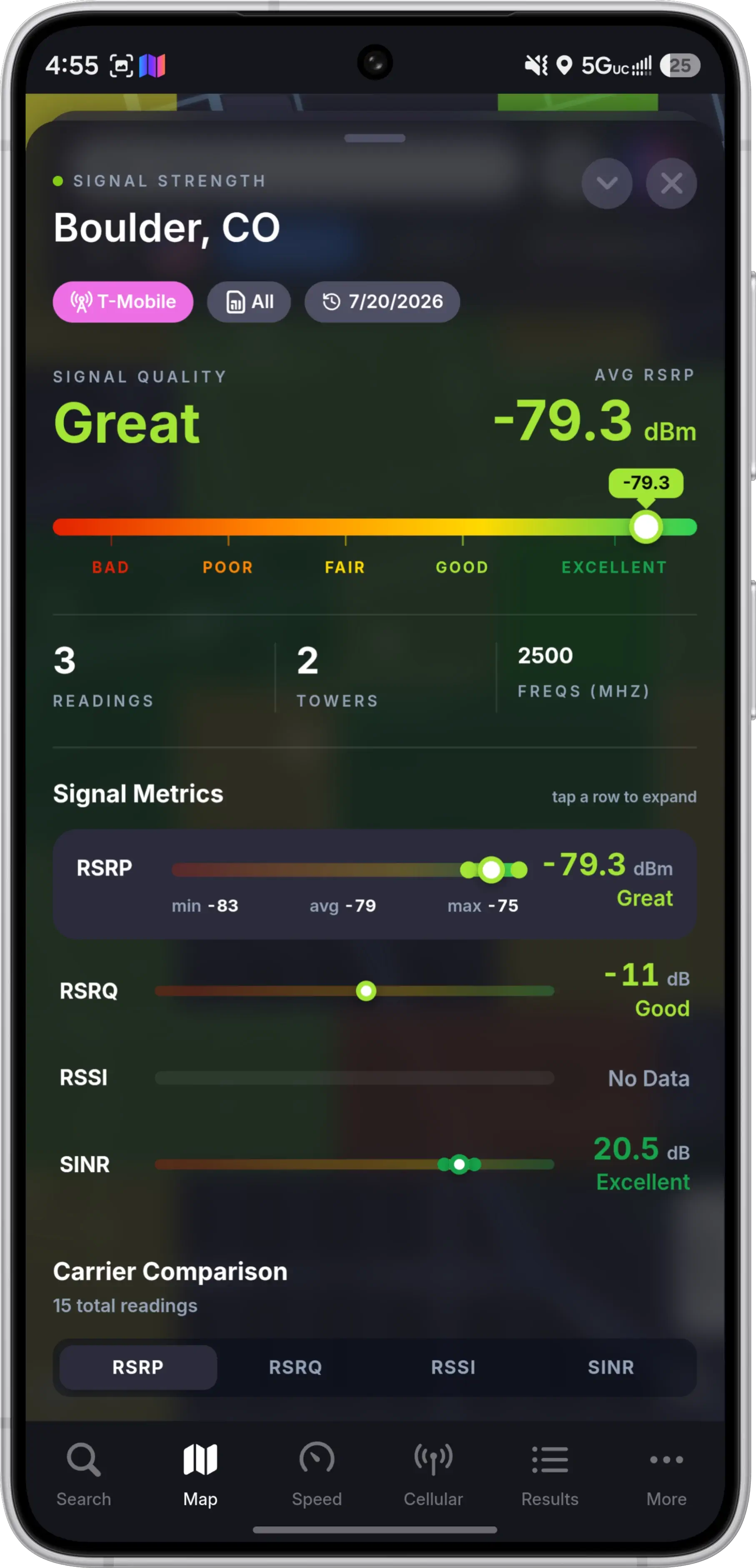 Signal strength detail view in the CoverageMap Android app showing RSRP, RSRQ, and SINR