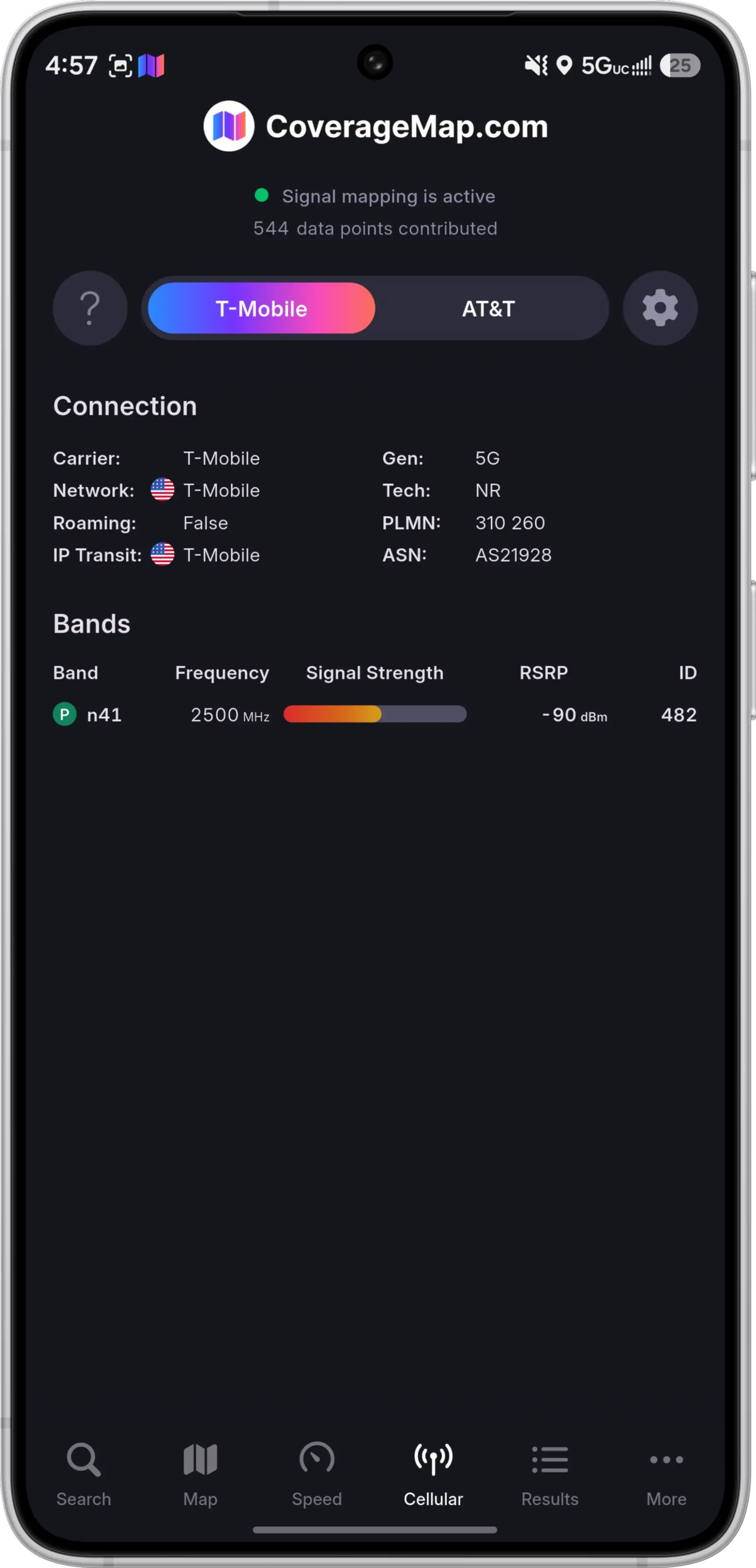 CoverageMap Android app showing live cellular info with signal mapping active