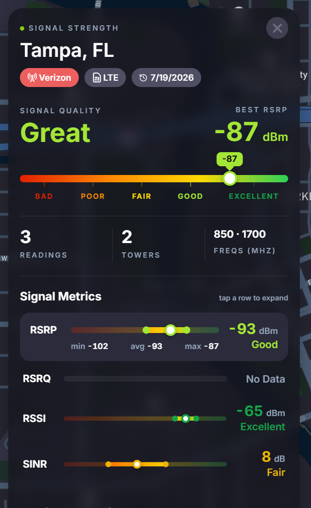 Crowdsourced Map signal strength popup showing RSRP, RSRQ, RSSI, and SINR readings in Tampa, FL